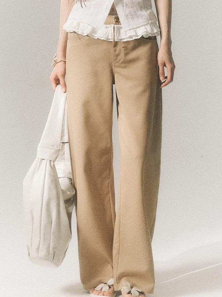 SereneEase Khaki Lace Waistband Tailored Curved Cut Women's Polyester Blend Wide-leg Pants