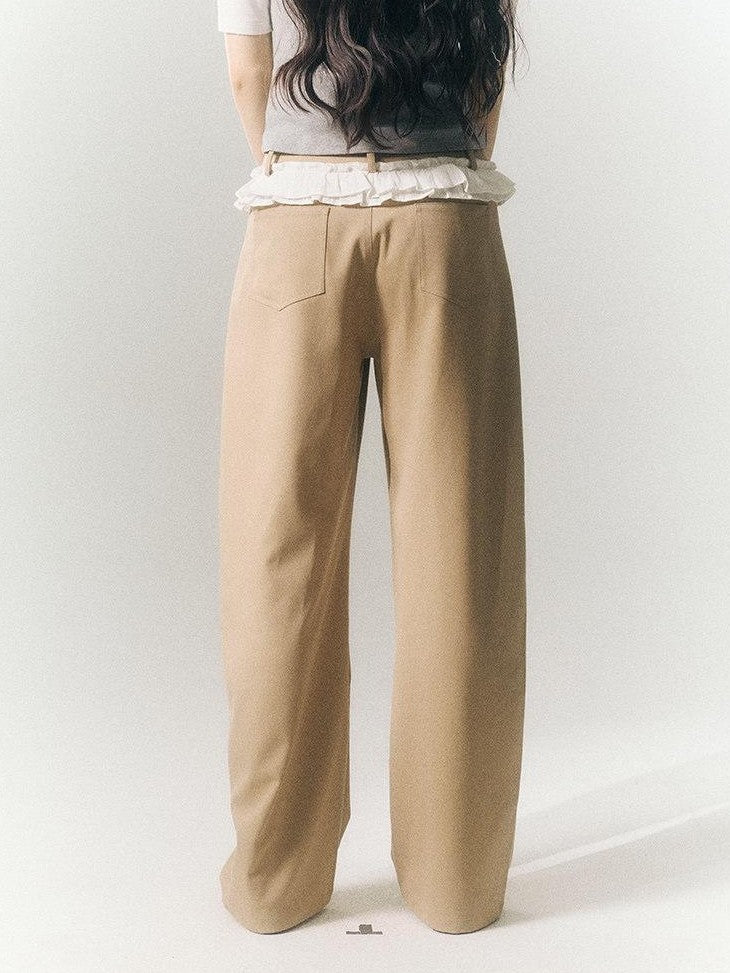 SereneEase Khaki Lace Waistband Tailored Curved Cut Women's Polyester Blend Wide-leg Pants