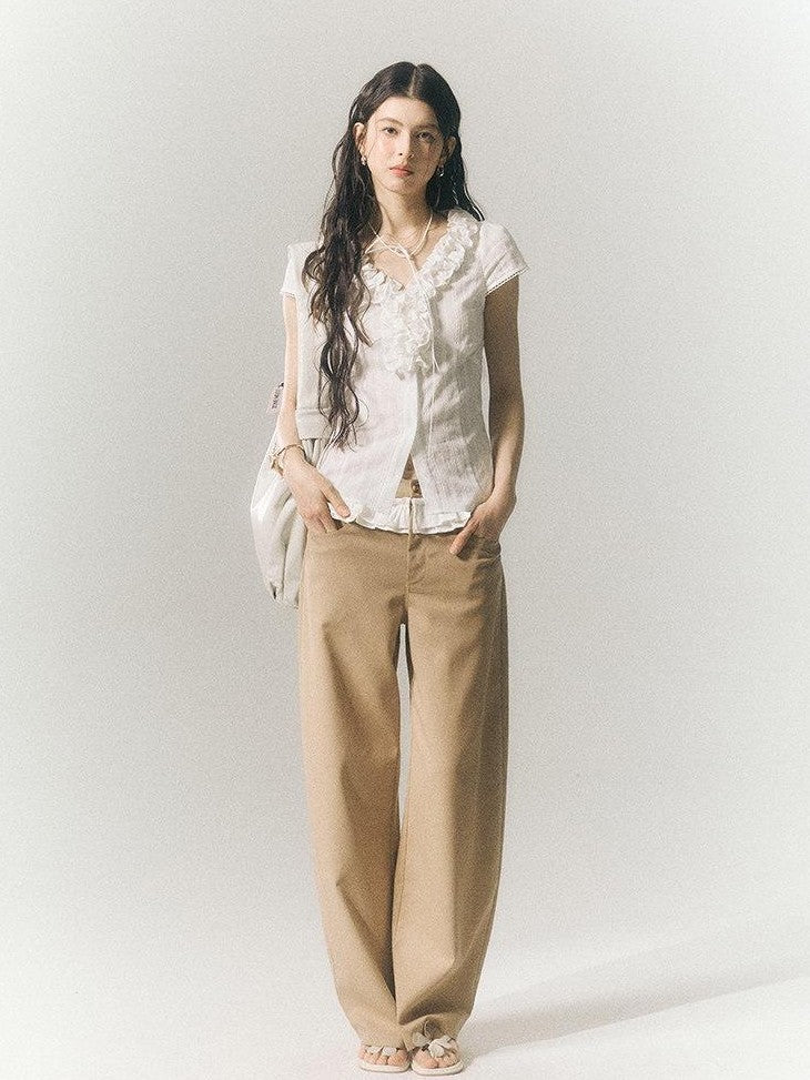 SereneEase Khaki Lace Waistband Tailored Curved Cut Women's Polyester Blend Wide-leg Pants