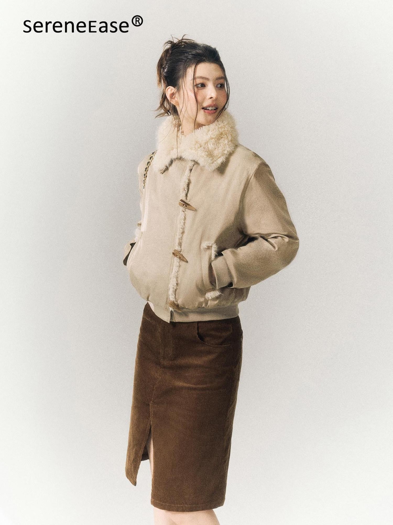 SereneEase Khaki Oversized Fur Collar Toggle Short Women's Cotton Puffer Jackets