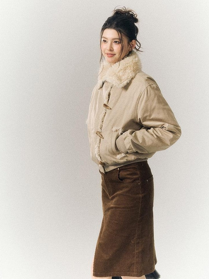 SereneEase Khaki Oversized Fur Collar Toggle Short Women's Cotton Puffer Jackets