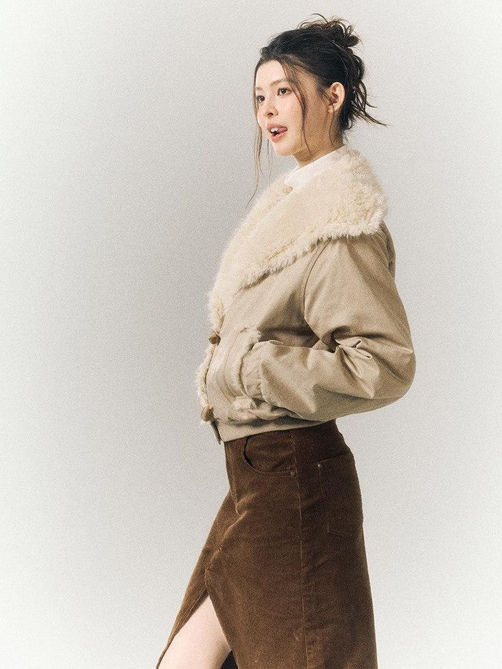 SereneEase Khaki Oversized Fur Collar Toggle Short Women's Cotton Puffer Jackets