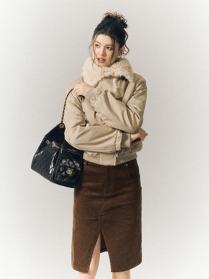 SereneEase Khaki Oversized Fur Collar Toggle Short Women's Cotton Puffer Jackets