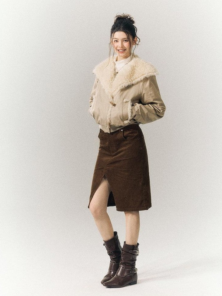 SereneEase Khaki Oversized Fur Collar Toggle Short Women's Cotton Puffer Jackets