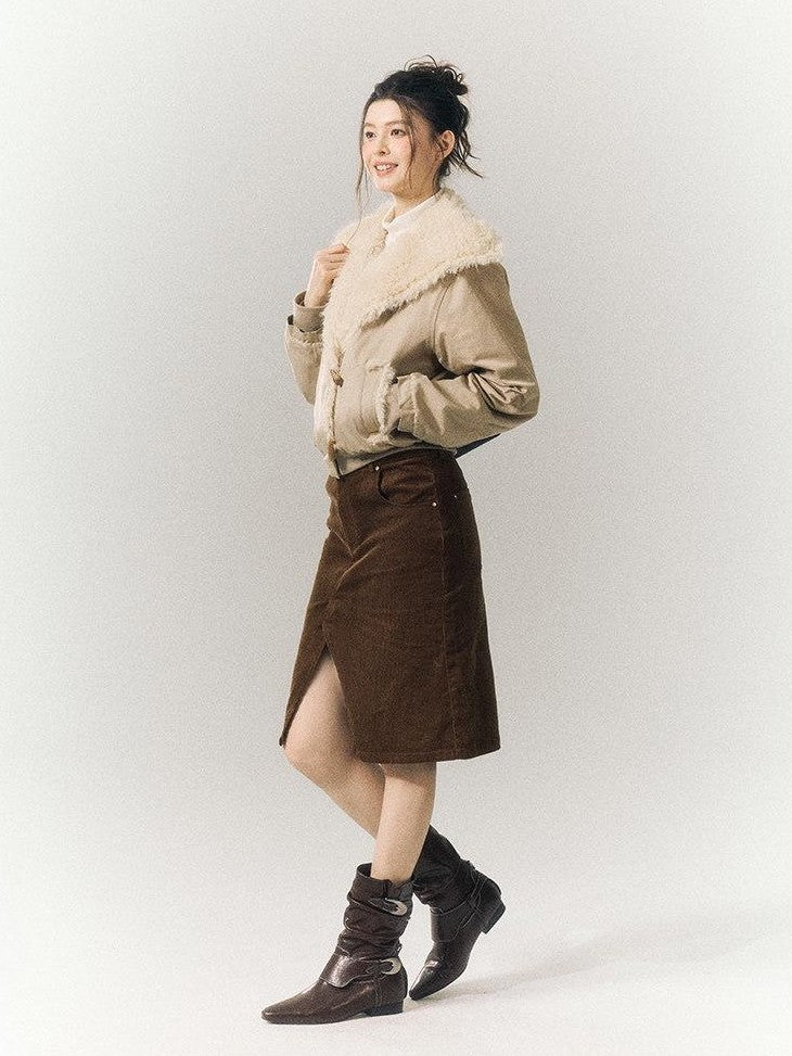 SereneEase Khaki Oversized Fur Collar Toggle Short Women's Cotton Puffer Jackets