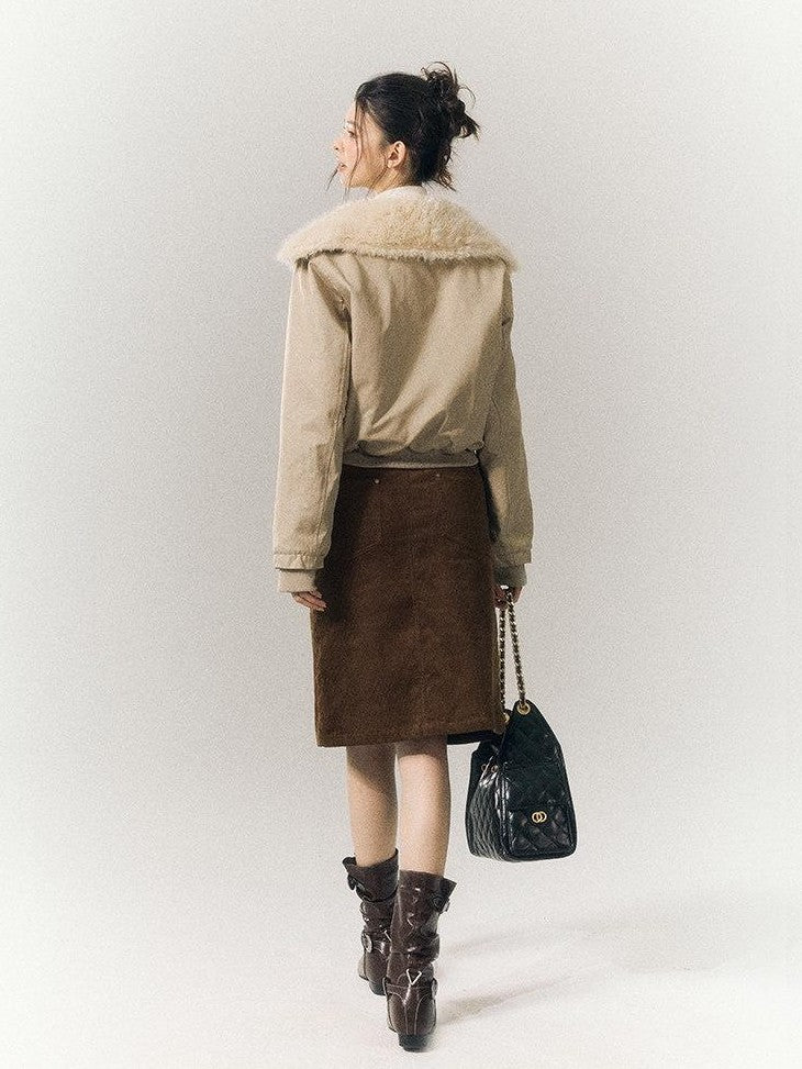 SereneEase Khaki Oversized Fur Collar Toggle Short Women's Cotton Puffer Jackets