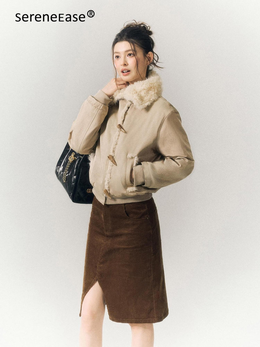 SereneEase Khaki Oversized Fur Collar Toggle Short Women's Cotton Puffer Jackets