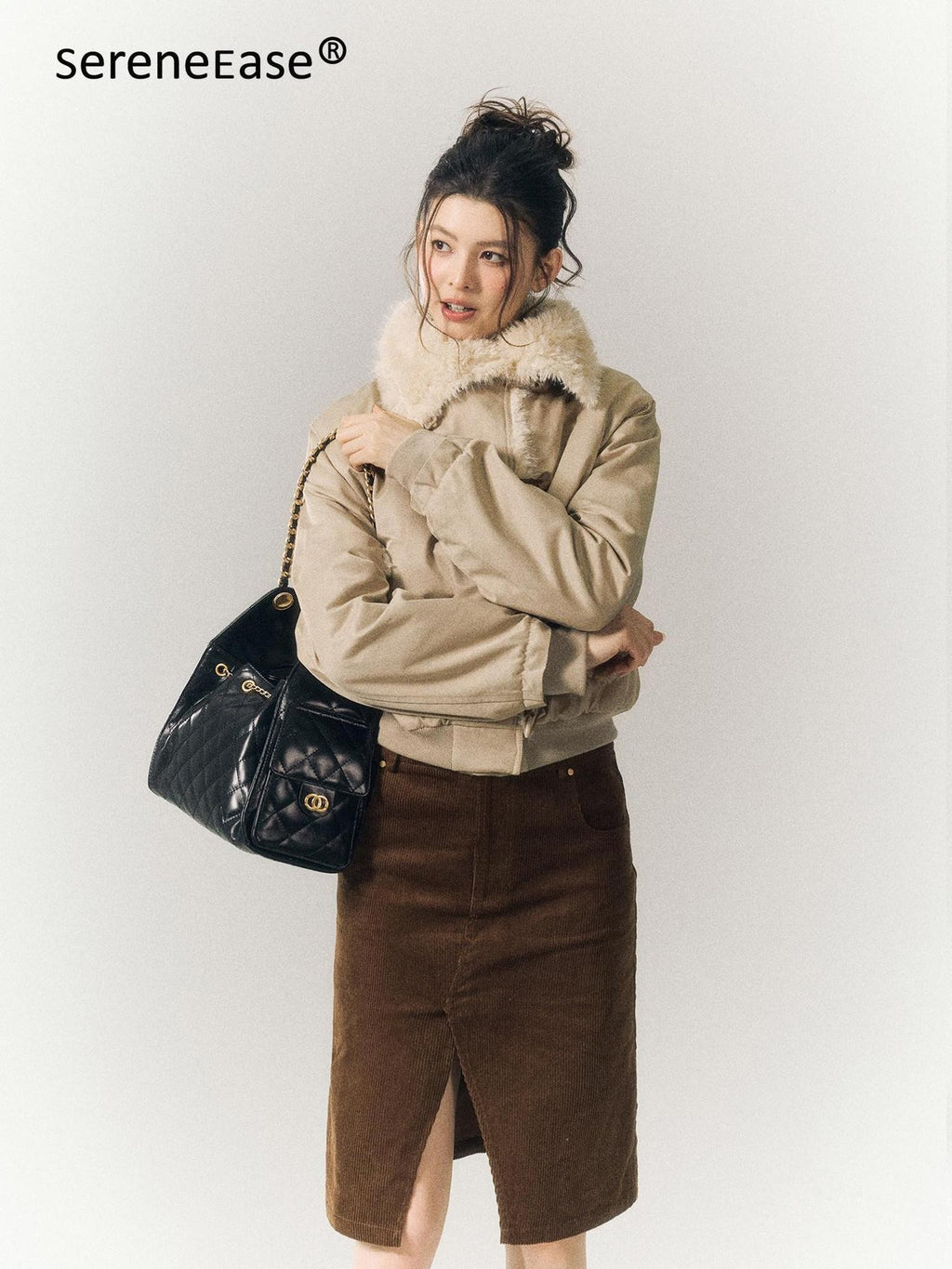 SereneEase Khaki Oversized Fur Collar Toggle Short Women's Cotton Puffer Jackets