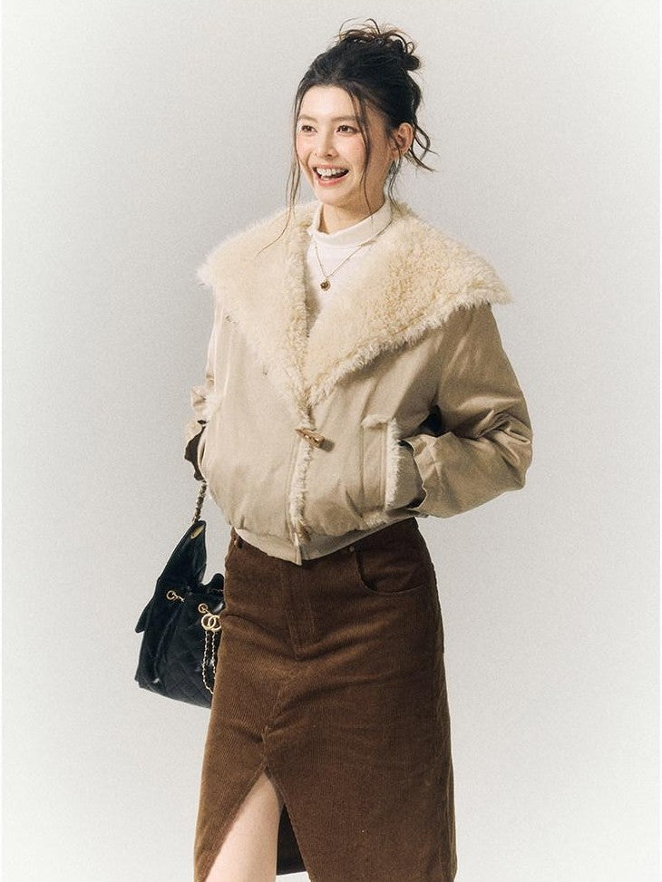 SereneEase Khaki Oversized Fur Collar Toggle Short Women's Cotton Puffer Jackets