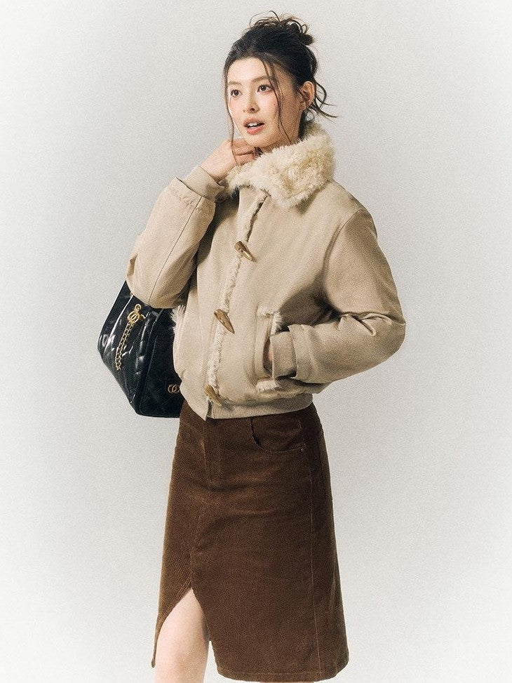SereneEase Khaki Oversized Fur Collar Toggle Short Women's Cotton Puffer Jackets