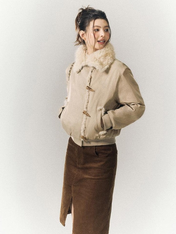 SereneEase Khaki Oversized Fur Collar Toggle Short Women's Cotton Puffer Jackets