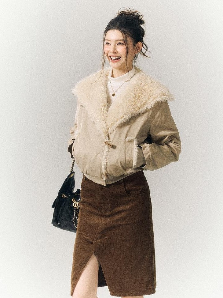 SereneEase Khaki Oversized Fur Collar Toggle Short Women's Cotton Puffer Jackets