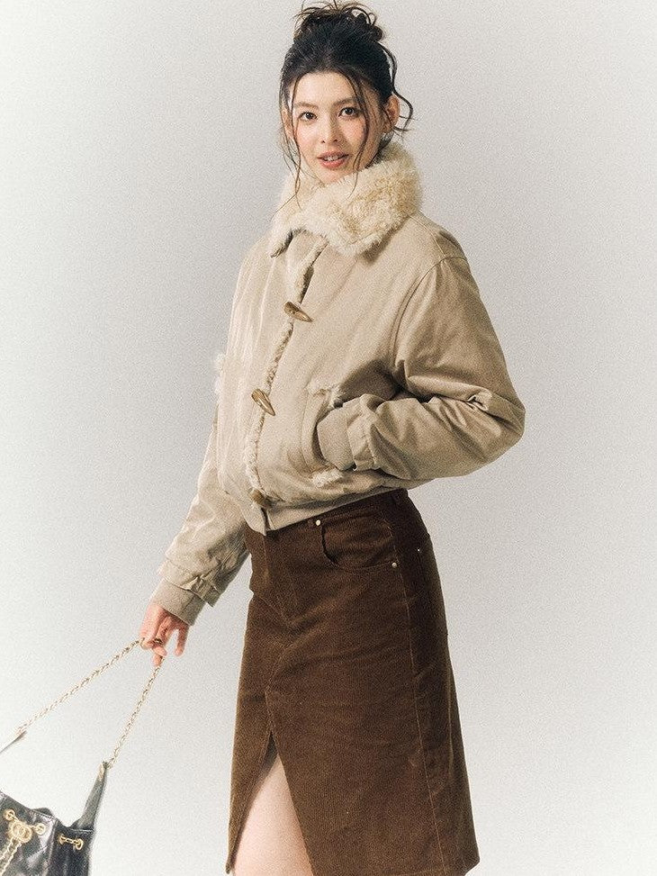 SereneEase Khaki Oversized Fur Collar Toggle Short Women's Cotton Puffer Jackets