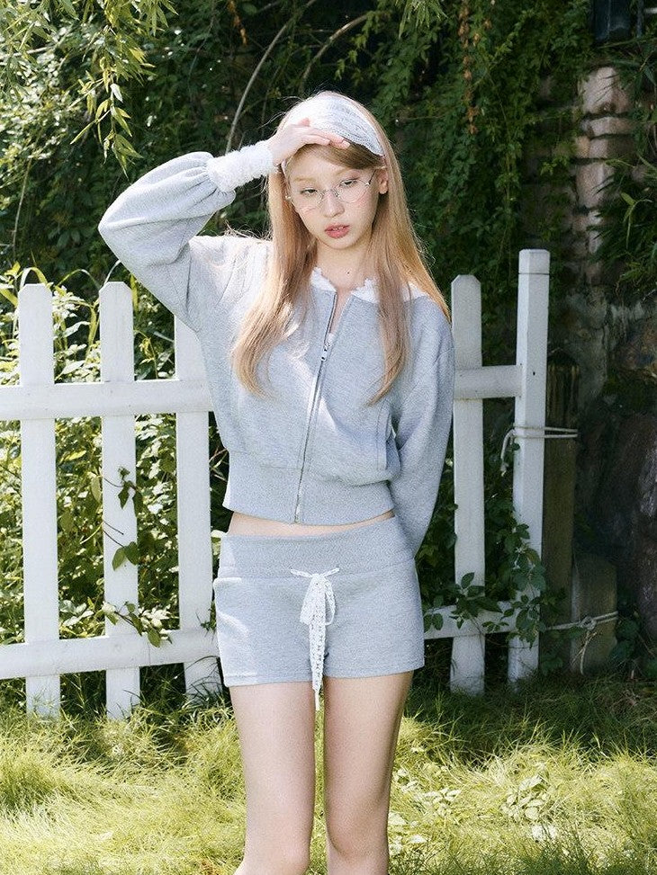 SereneEase Lace Patchwork Hooded Cropped Women's Cotton Sport Top & Shorts Sets
