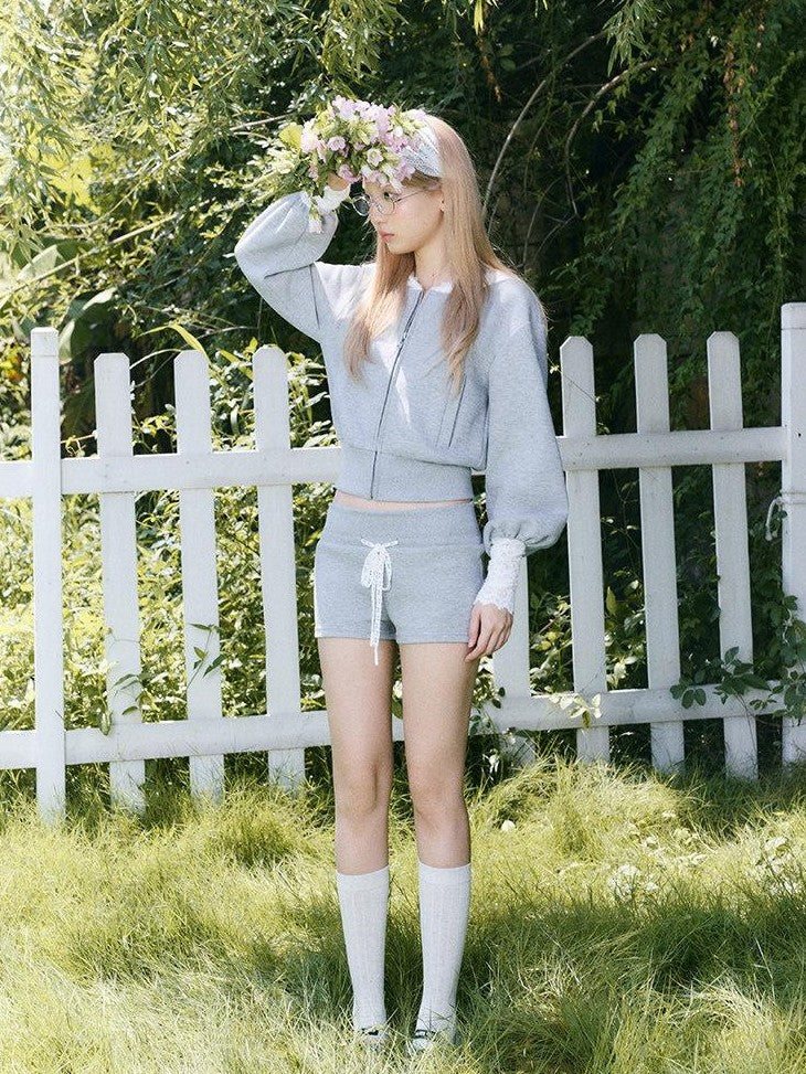 SereneEase Lace Patchwork Hooded Cropped Women's Cotton Sport Top & Shorts Sets