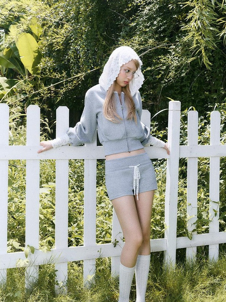 SereneEase Lace Patchwork Hooded Cropped Women's Cotton Sport Top & Shorts Sets
