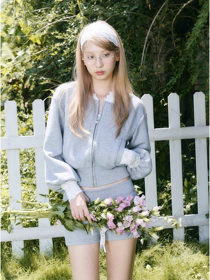 SereneEase Lace Patchwork Hooded Cropped Women's Cotton Sport Top & Shorts Sets
