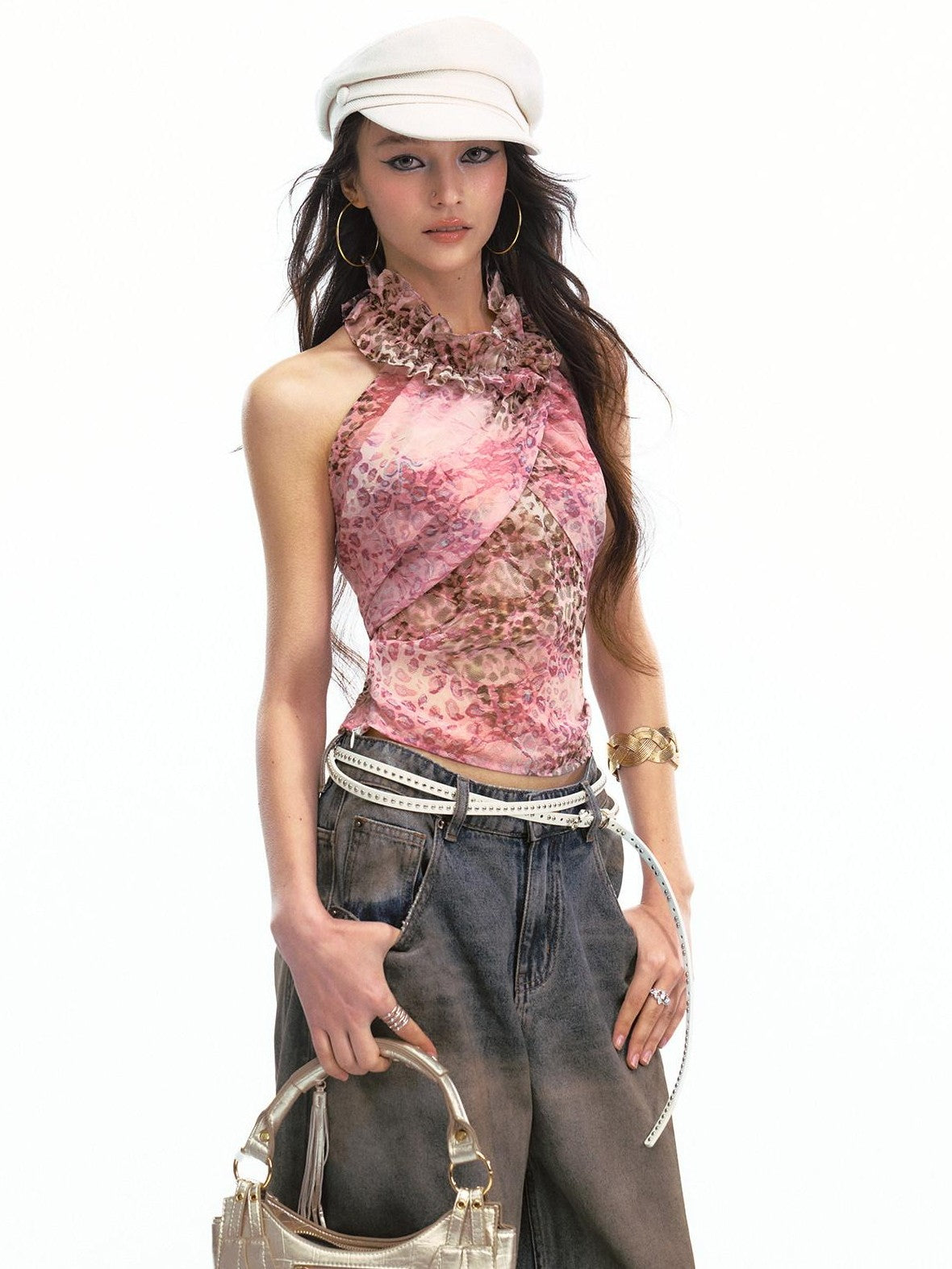 SereneEase Leopard Halter Backless Tie High Waist Bubble Women's Casual Top & Shorts Sets