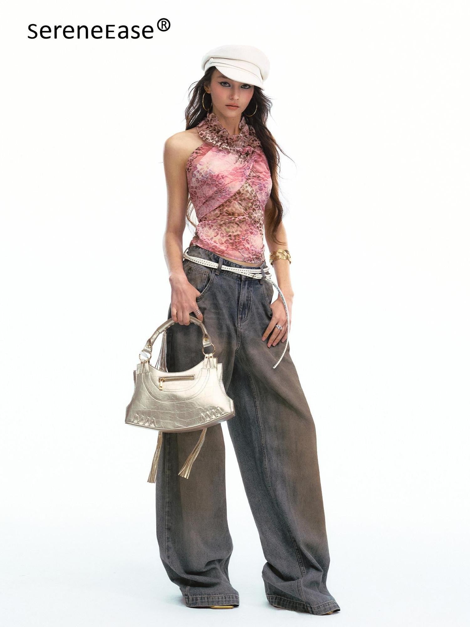 SereneEase Leopard Halter Backless Tie High Waist Bubble Women's Casual Top & Shorts Sets