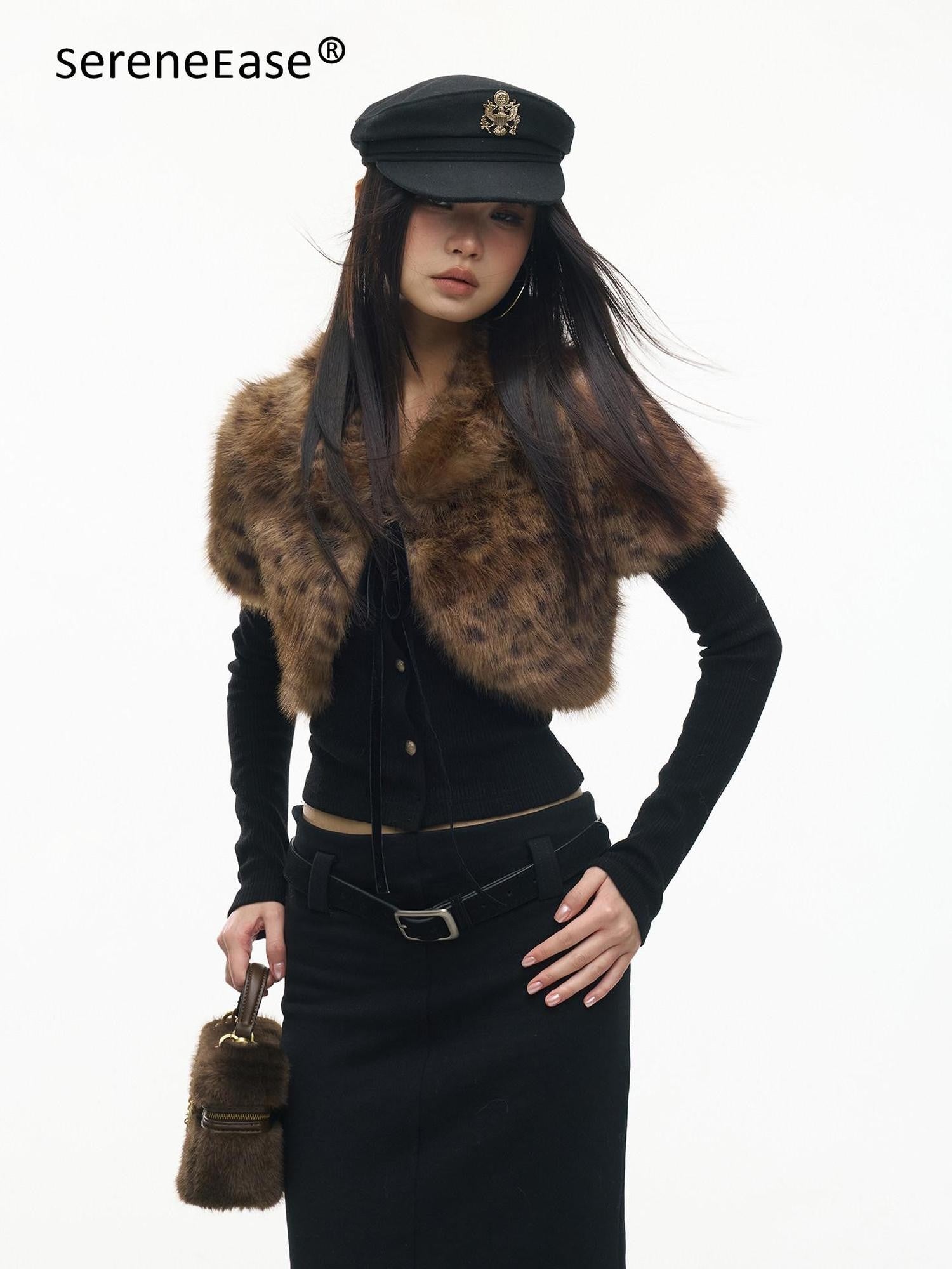 SereneEase Leopard Print Faux Fur Short Shawl Two Piece Women's Knit Cardigans