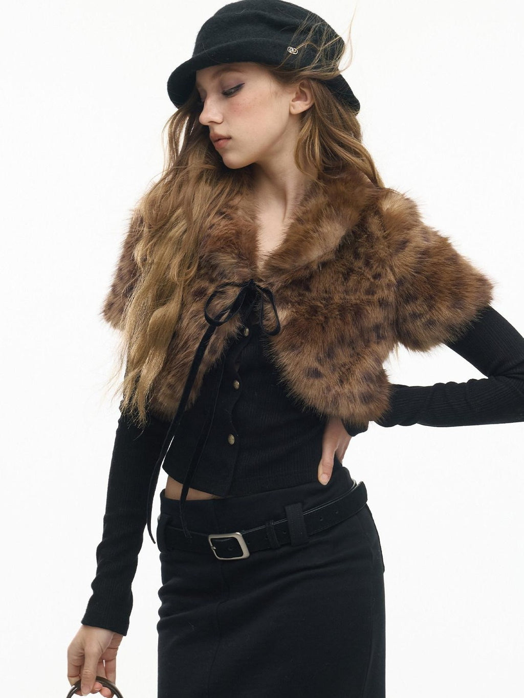 SereneEase Leopard Print Faux Fur Short Shawl Two Piece Women's Knit Cardigans