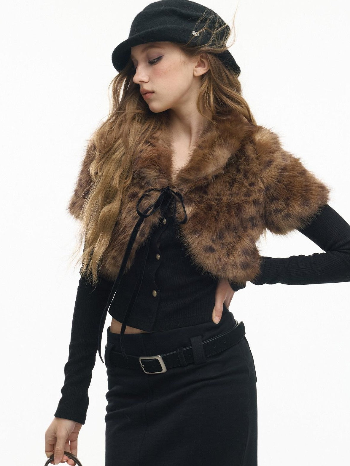 SereneEase Leopard Print Faux Fur Short Shawl Two Piece Women's Knit Cardigans