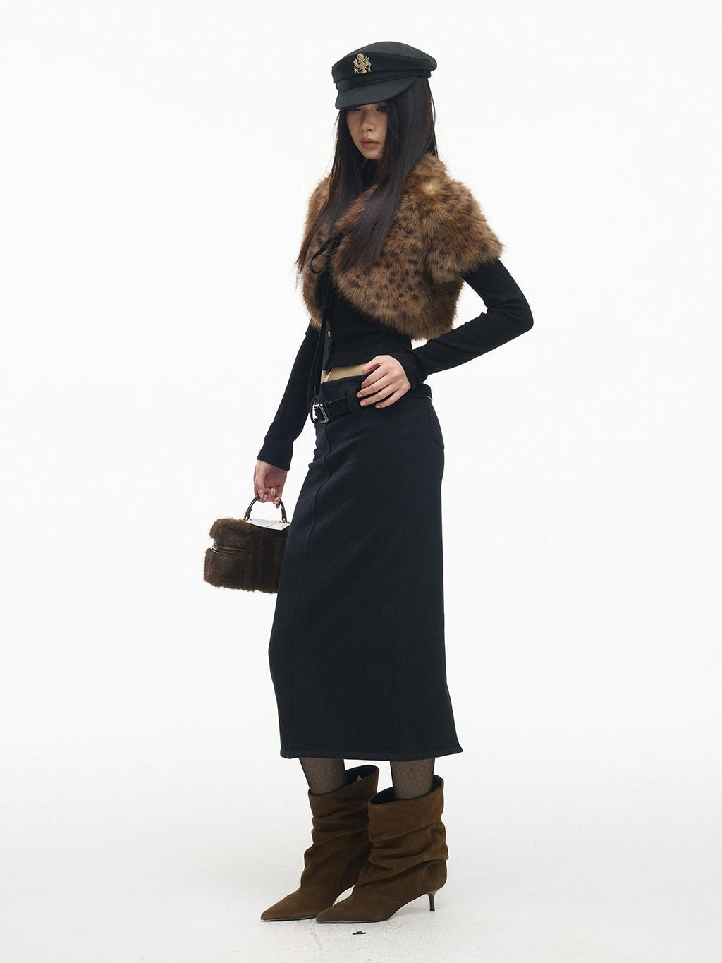 SereneEase Leopard Print Faux Fur Short Shawl Two Piece Women's Knit Cardigans