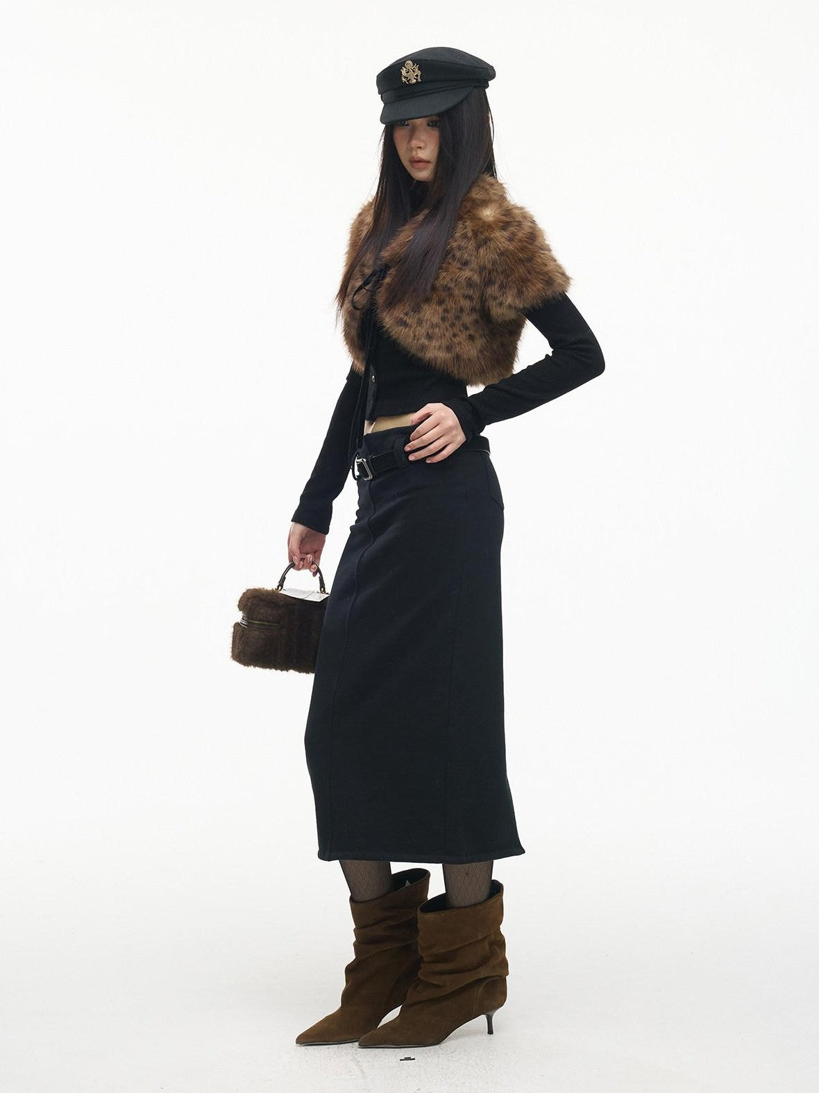 SereneEase Leopard Print Faux Fur Short Shawl Two Piece Women's Knit Cardigans