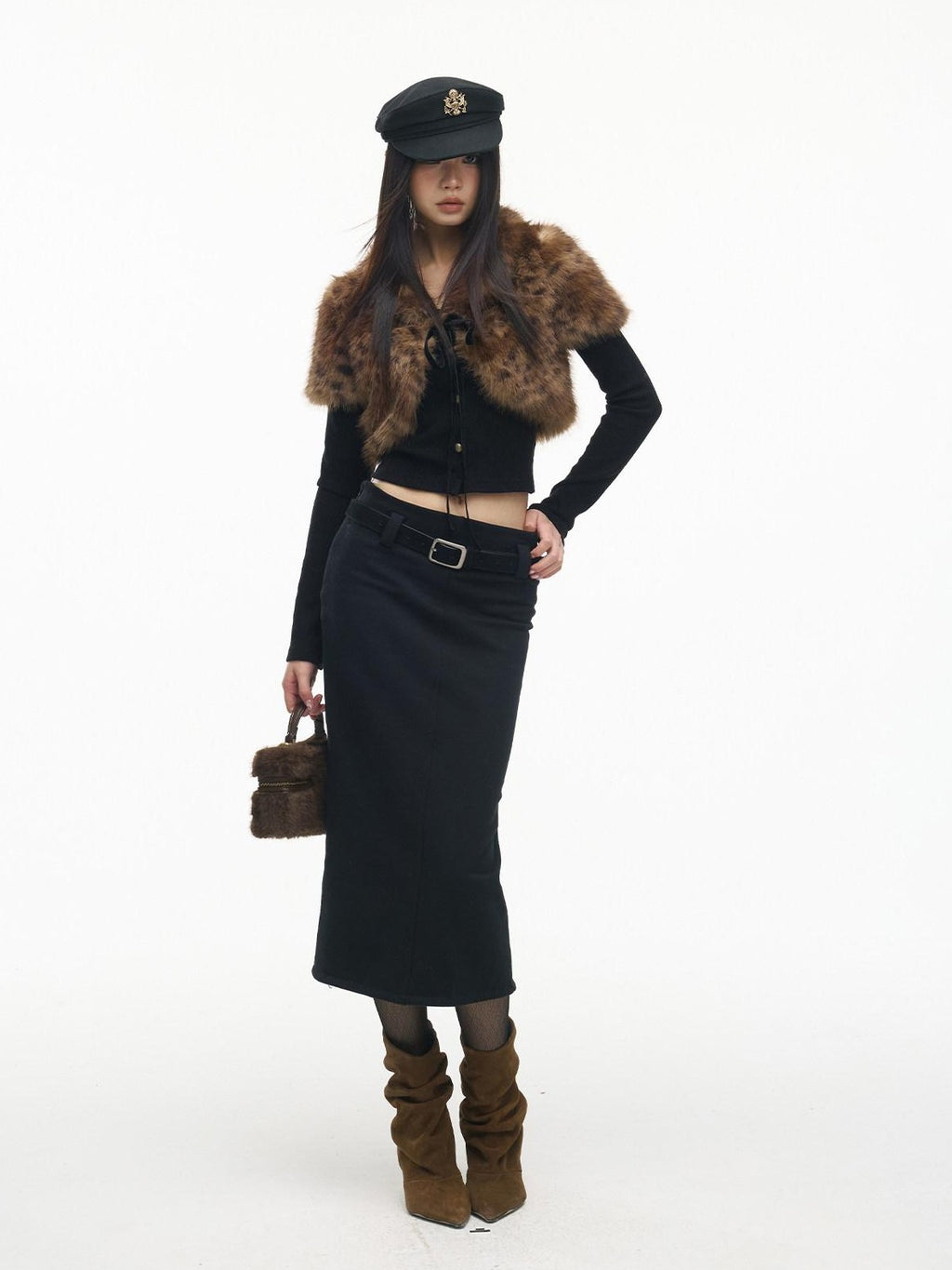 SereneEase Leopard Print Faux Fur Short Shawl Two Piece Women's Knit Cardigans