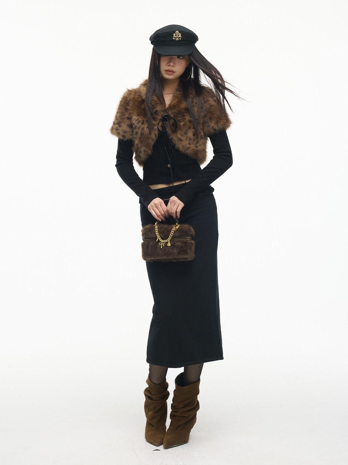 SereneEase Leopard Print Faux Fur Short Shawl Two Piece Women's Knit Cardigans