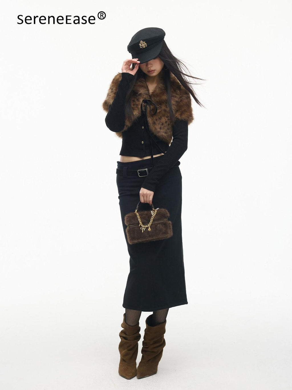 SereneEase Leopard Print Faux Fur Short Shawl Two Piece Women's Knit Cardigans