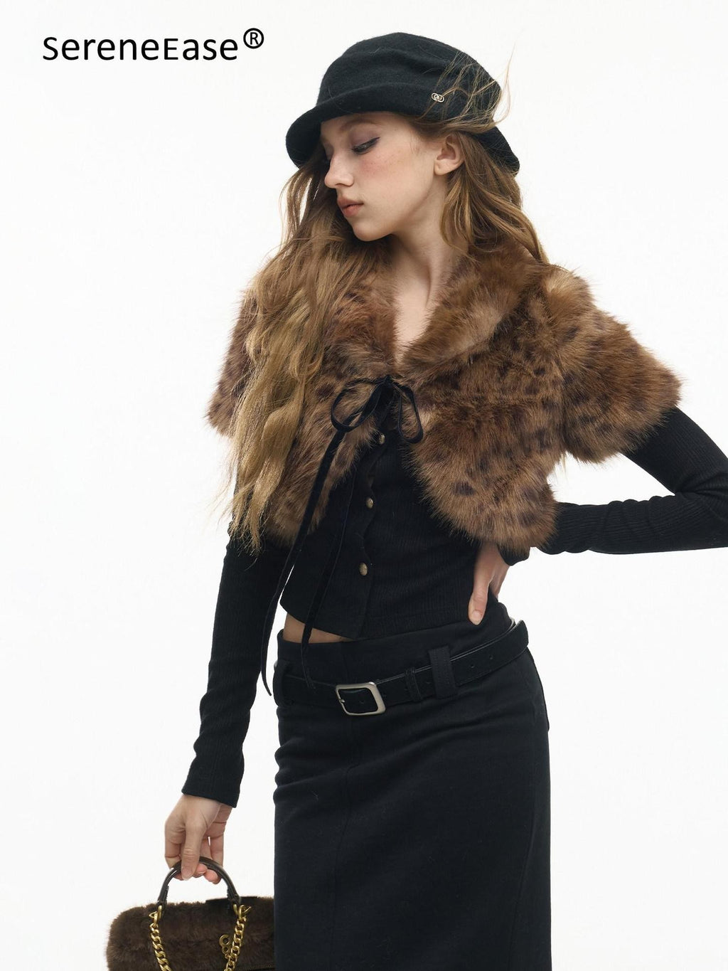 SereneEase Leopard Print Faux Fur Short Shawl Two Piece Women's Knit Cardigans