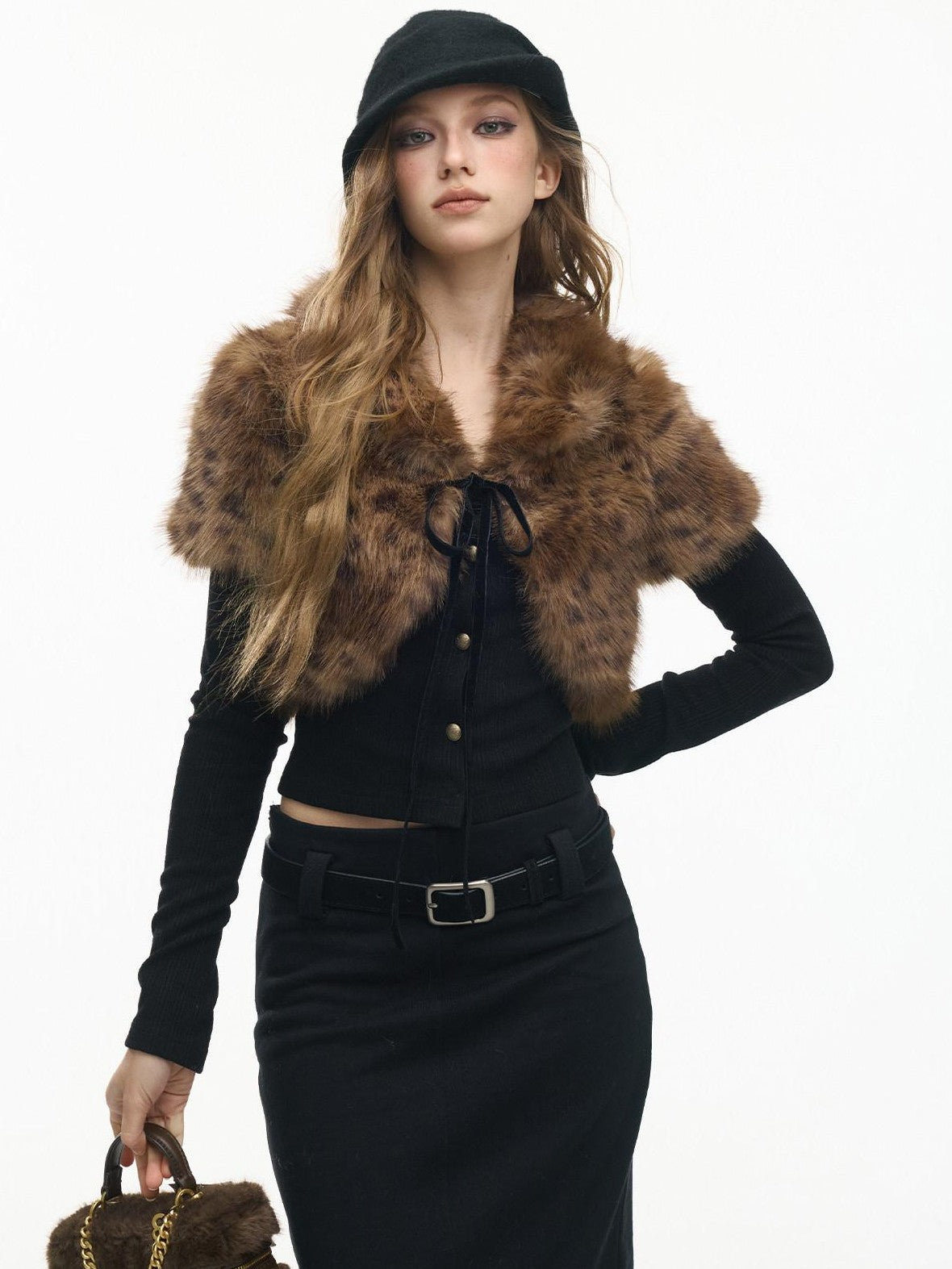 SereneEase Leopard Print Faux Fur Short Shawl Two Piece Women's Knit Cardigans