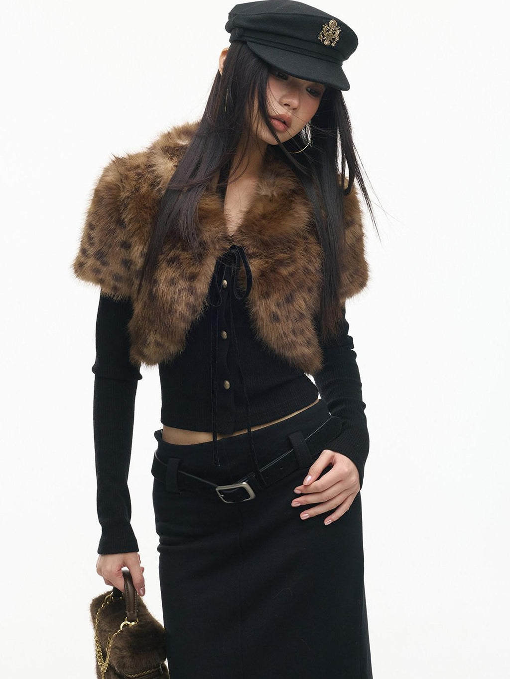 SereneEase Leopard Print Faux Fur Short Shawl Two Piece Women's Knit Cardigans