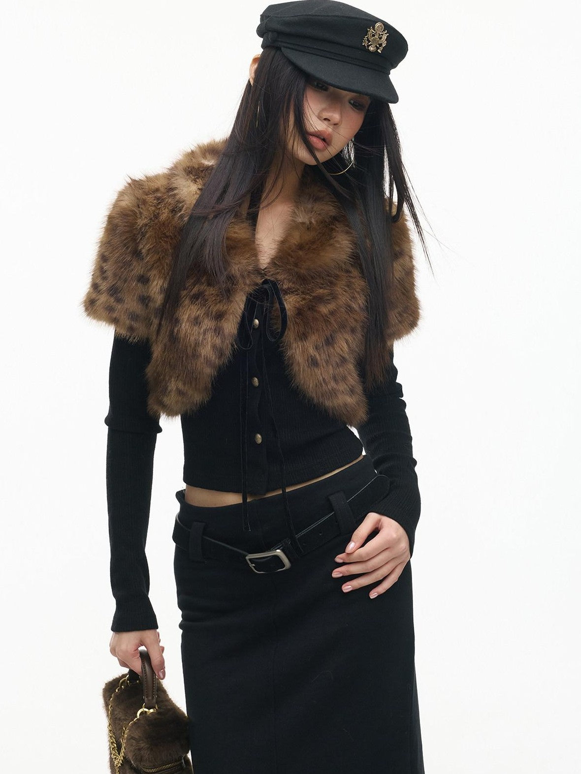 SereneEase Leopard Print Faux Fur Short Shawl Two Piece Women's Knit Cardigans