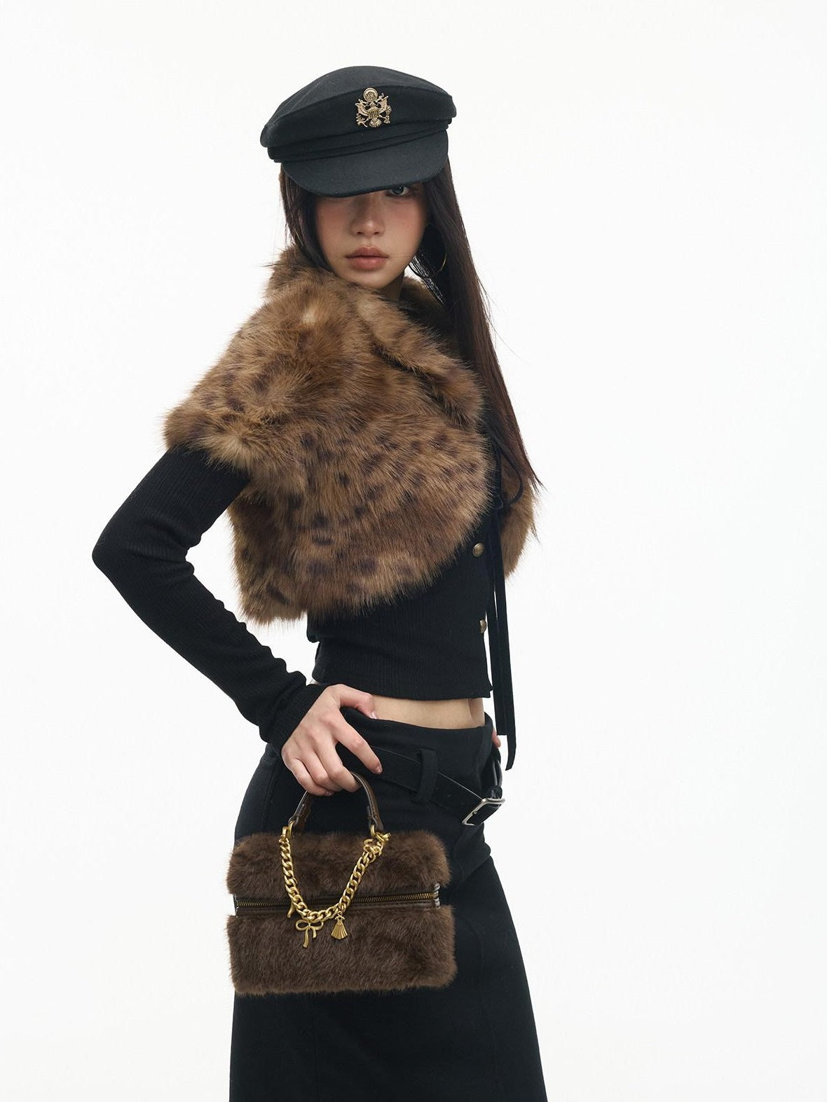 SereneEase Leopard Print Faux Fur Short Shawl Two Piece Women's Knit Cardigans