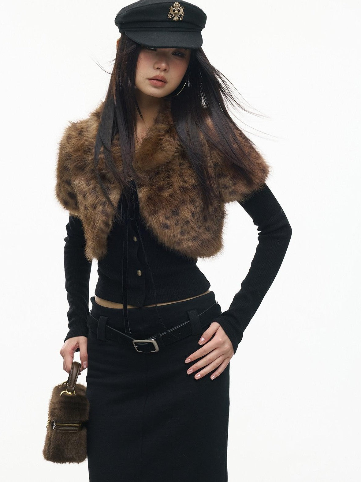 SereneEase Leopard Print Faux Fur Short Shawl Two Piece Women's Knit Cardigans