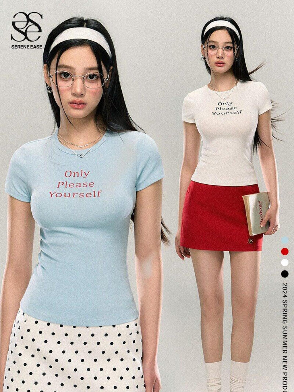 SereneEase Letter Print Waist Cinched Round Neck Women's Cotton Slim T-shirts