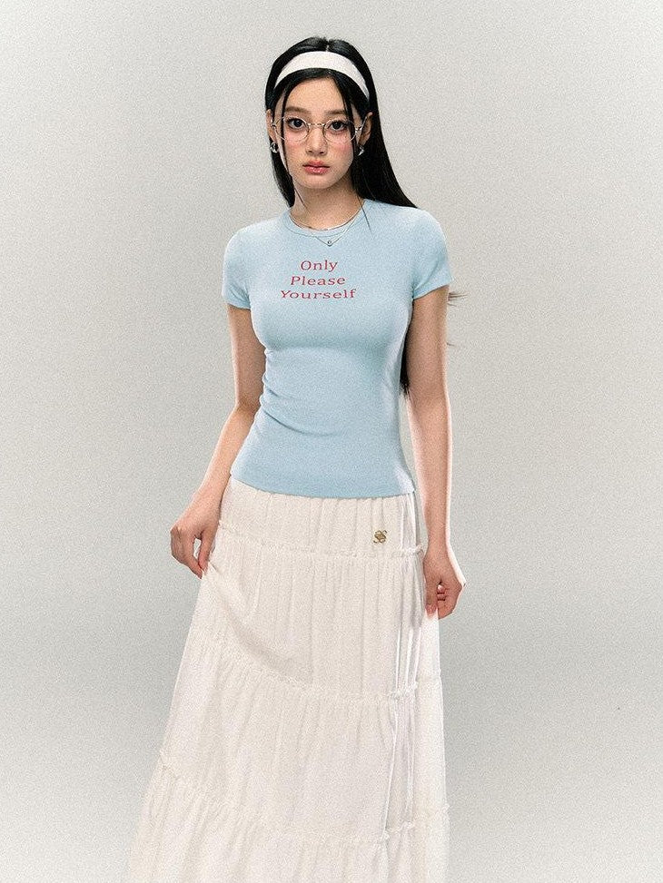 SereneEase Letter Print Waist Cinched Round Neck Women's Cotton Slim T-shirts