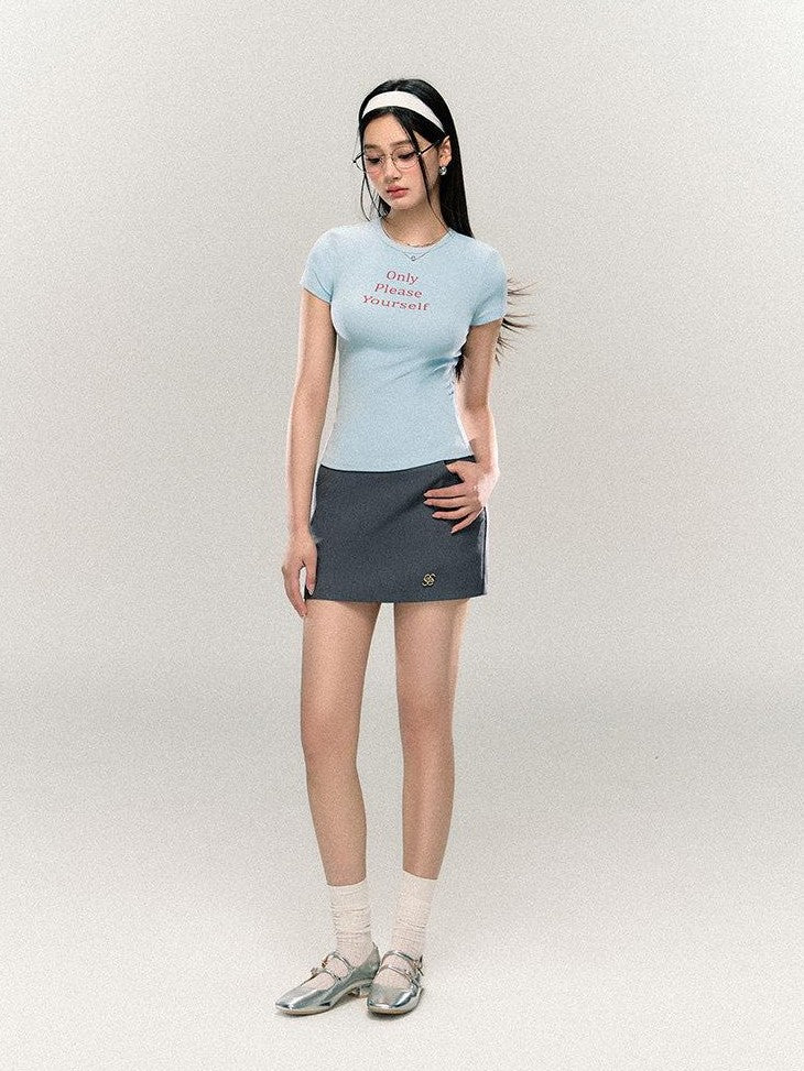 SereneEase Letter Print Waist Cinched Round Neck Women's Cotton Slim T-shirts