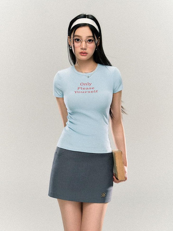 SereneEase Letter Print Waist Cinched Round Neck Women's Cotton Slim T-shirts