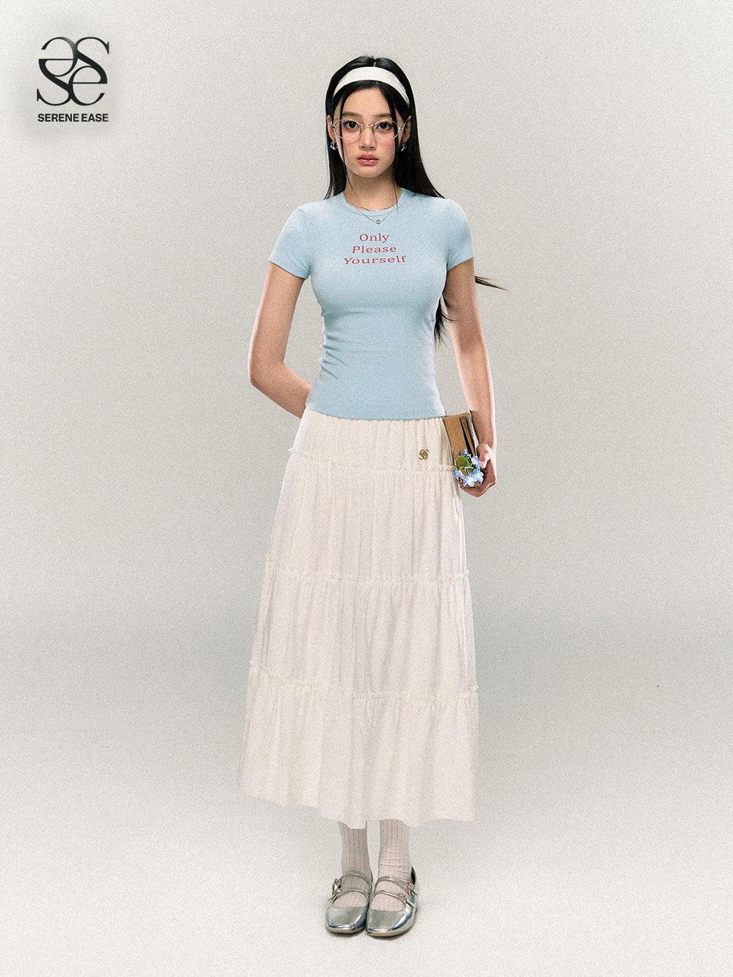 SereneEase Letter Print Waist Cinched Round Neck Women's Cotton Slim T-shirts