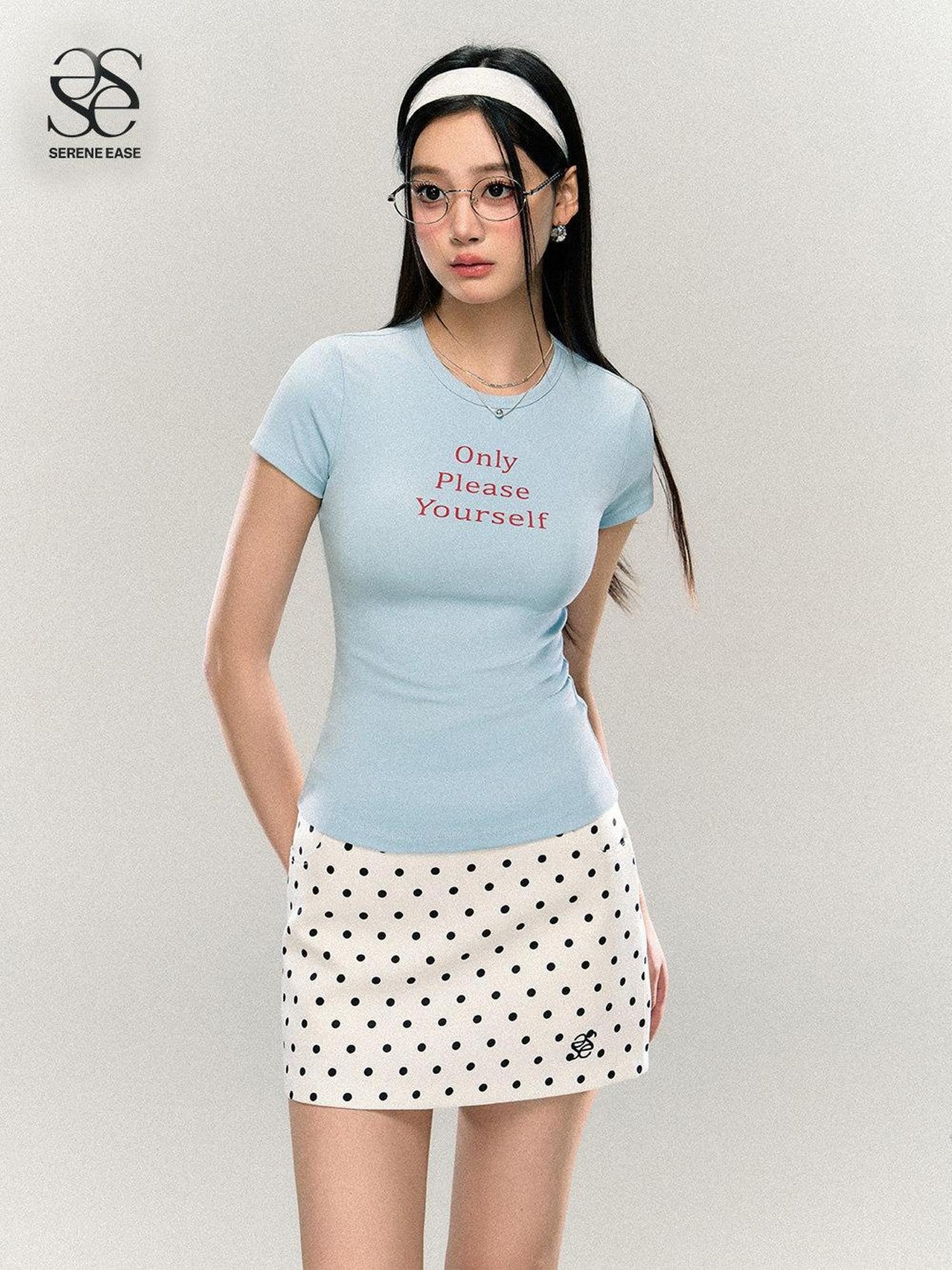 SereneEase Letter Print Waist Cinched Round Neck Women's Cotton Slim T-shirts