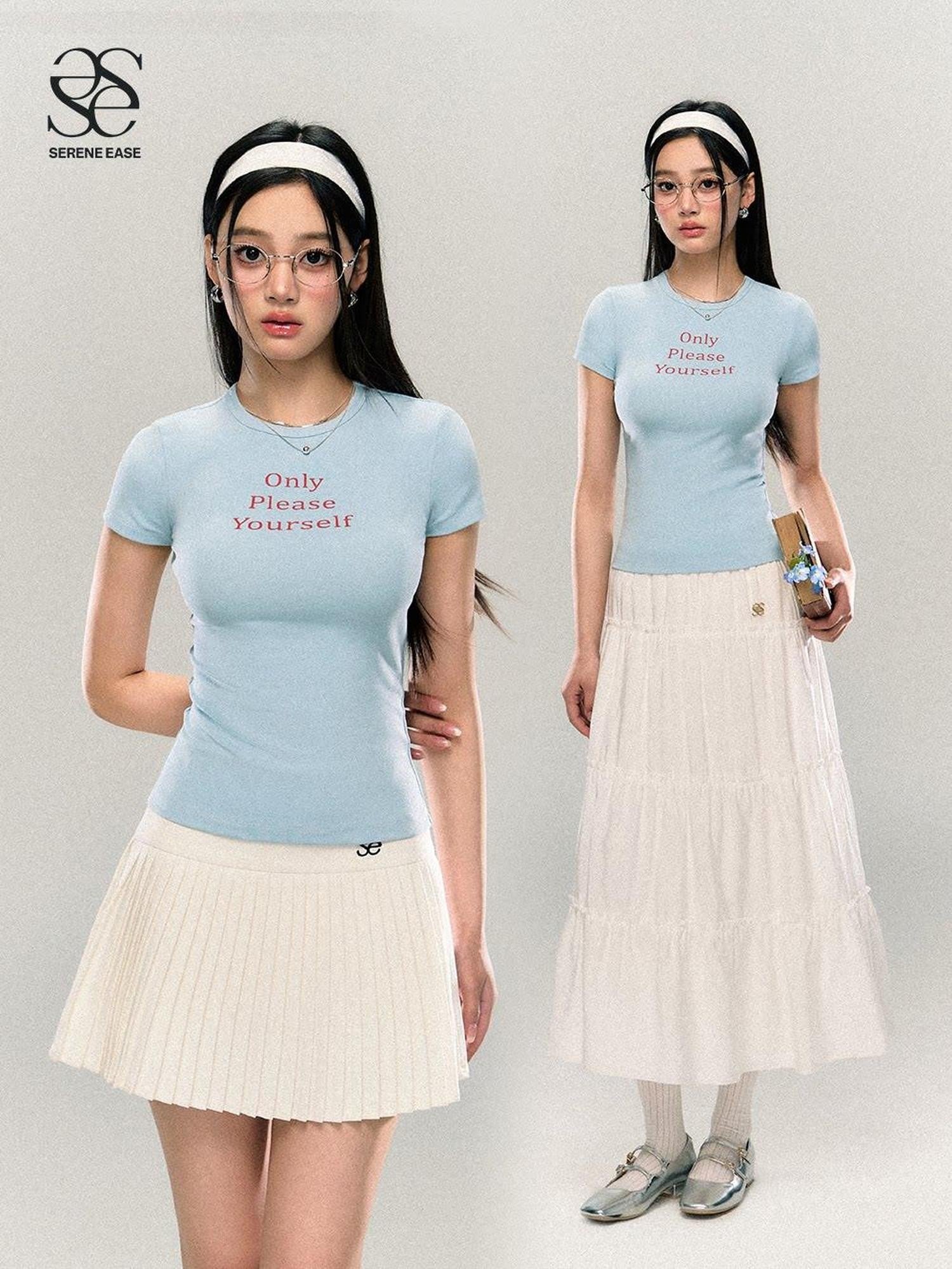 SereneEase Letter Print Waist Cinched Round Neck Women's Cotton Slim T-shirts