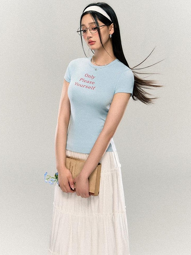 SereneEase Letter Print Waist Cinched Round Neck Women's Cotton Slim T-shirts