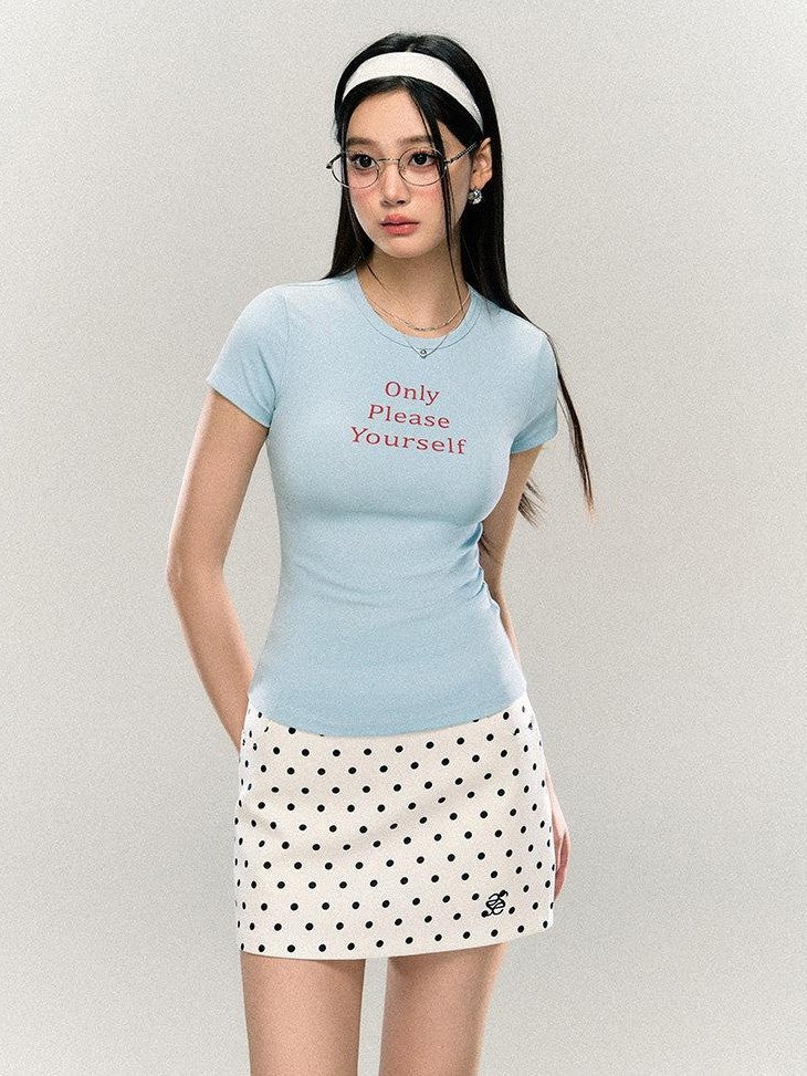 SereneEase Letter Print Waist Cinched Round Neck Women's Cotton Slim T-shirts