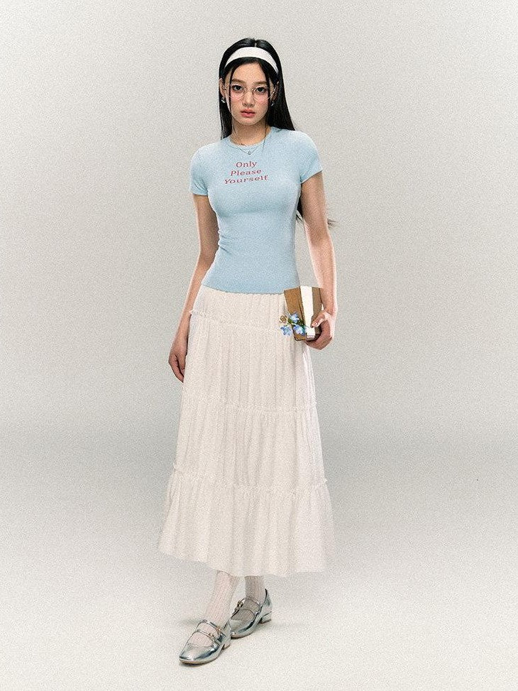 SereneEase Letter Print Waist Cinched Round Neck Women's Cotton Slim T-shirts