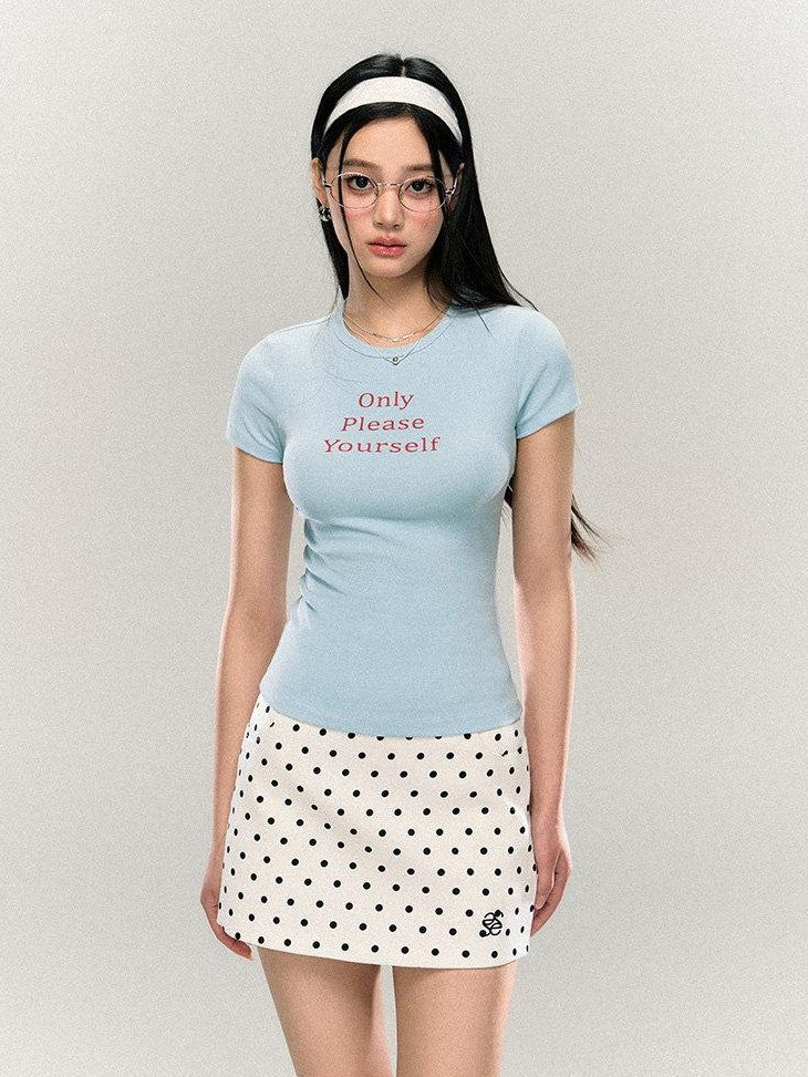 SereneEase Letter Print Waist Cinched Round Neck Women's Cotton Slim T-shirts