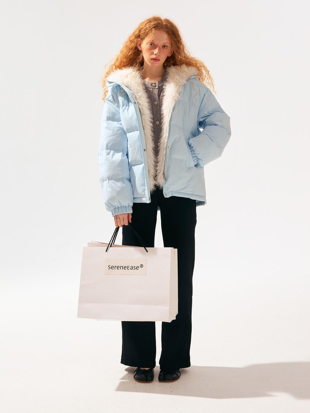 SereneEase Light Blue Detachable Hood Fur Collar Lettering Women's White Duck Down Jackets