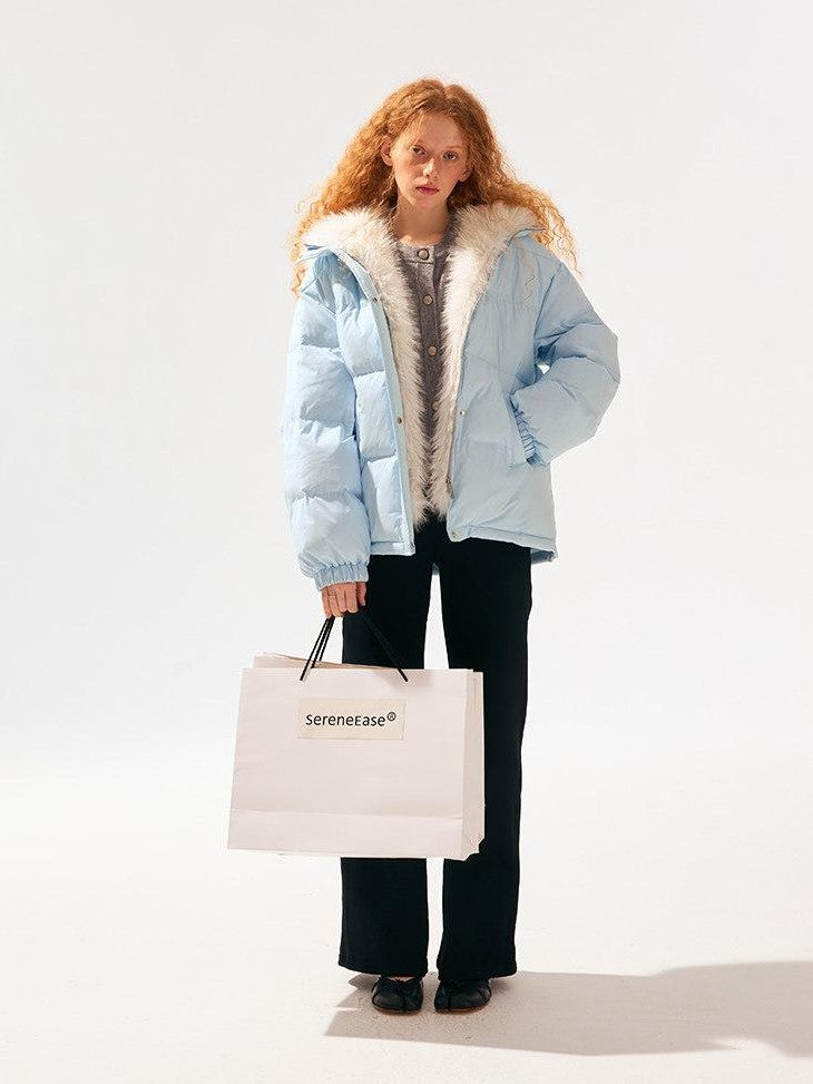 SereneEase Light Blue Detachable Hood Fur Collar Lettering Women's White Duck Down Jackets